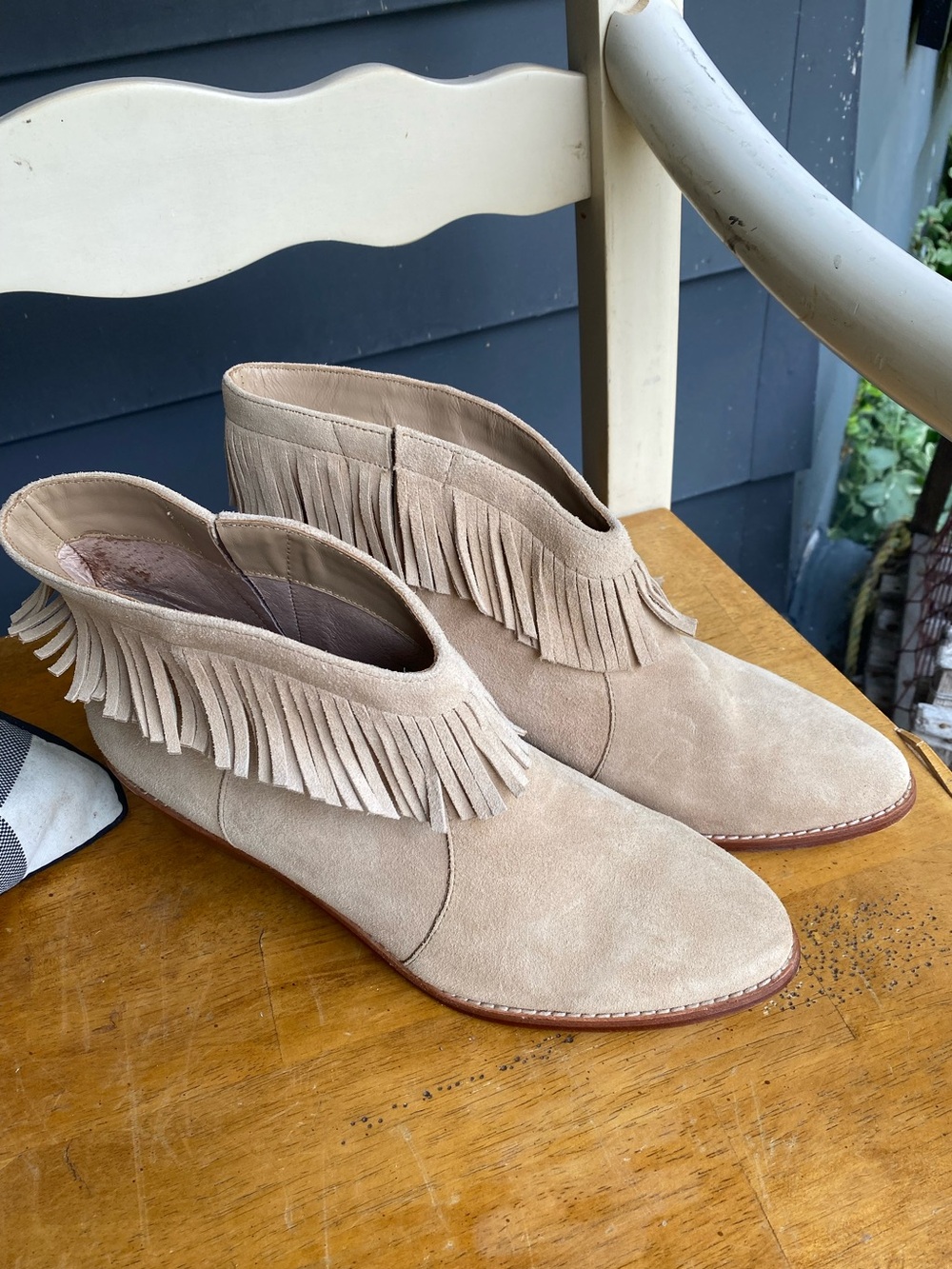 Joie "Makena" Calf Suede Fringe Ankle Booties in the color "Buff". Size 10 1/2 - Picture 2 of 5
